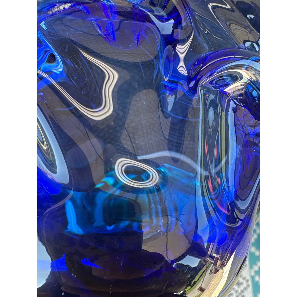 Vintage Murano Style Art Glass Ruffled Bowl Cobalt Blue Emerald Green 7 Inch - Picture 9 of 9